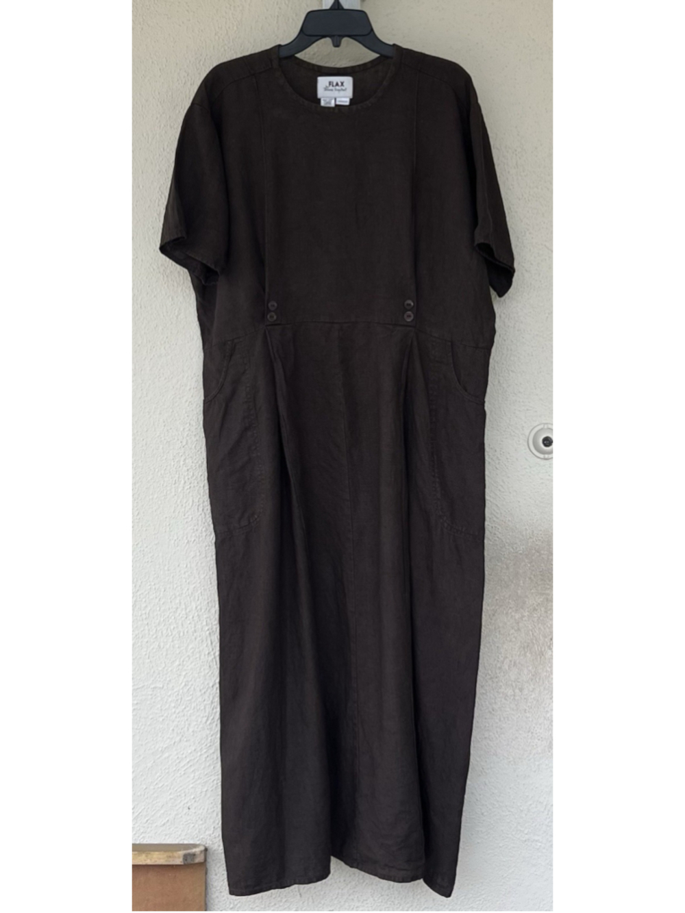 FLAX Jeanne Engelhart Brown 100% Linen Maxi Dress L Oversized Pockets Lagenlook
